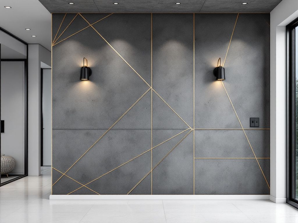 efekt betonu architektonicznego na ścianie z złotymi pasami